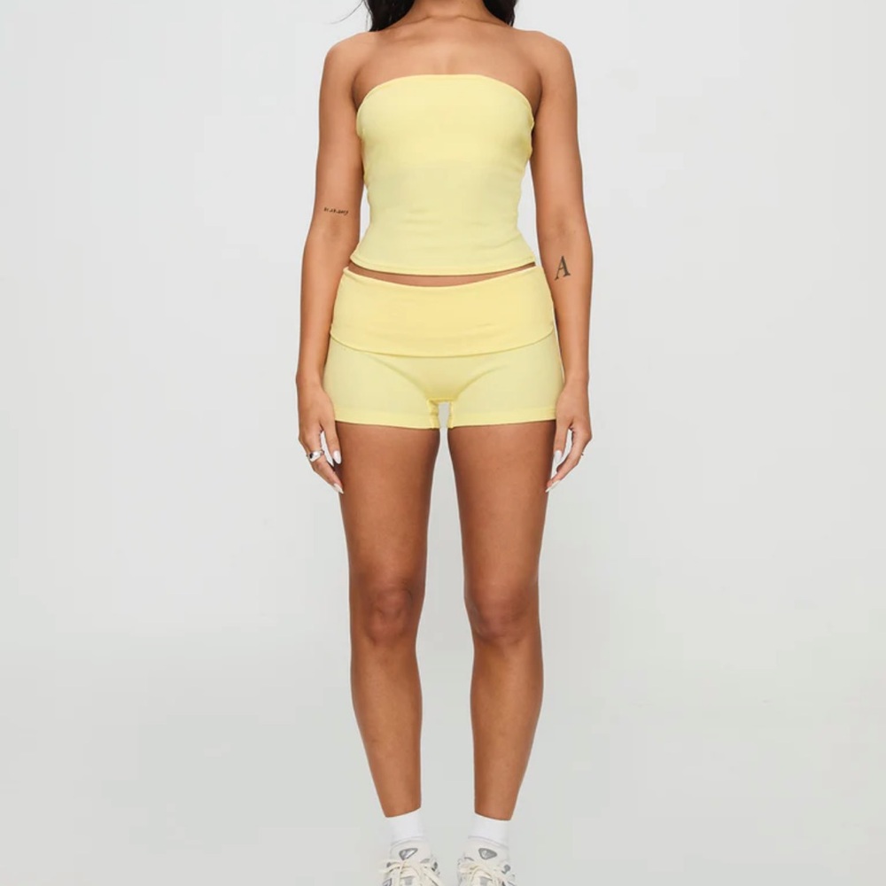 Princess Polly Baseline Strapless Rib Top and Shorts Yellow